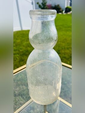 Antique Sunrise Dairy Cream Top Milk Bottle Double Bulb Embossed Glass 9.5”